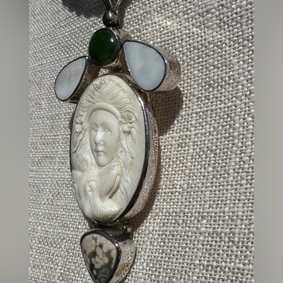Wolf Goddess handcarved bone sterling silver jasper aventurine lg pendant pearl - Picture 3 of 8